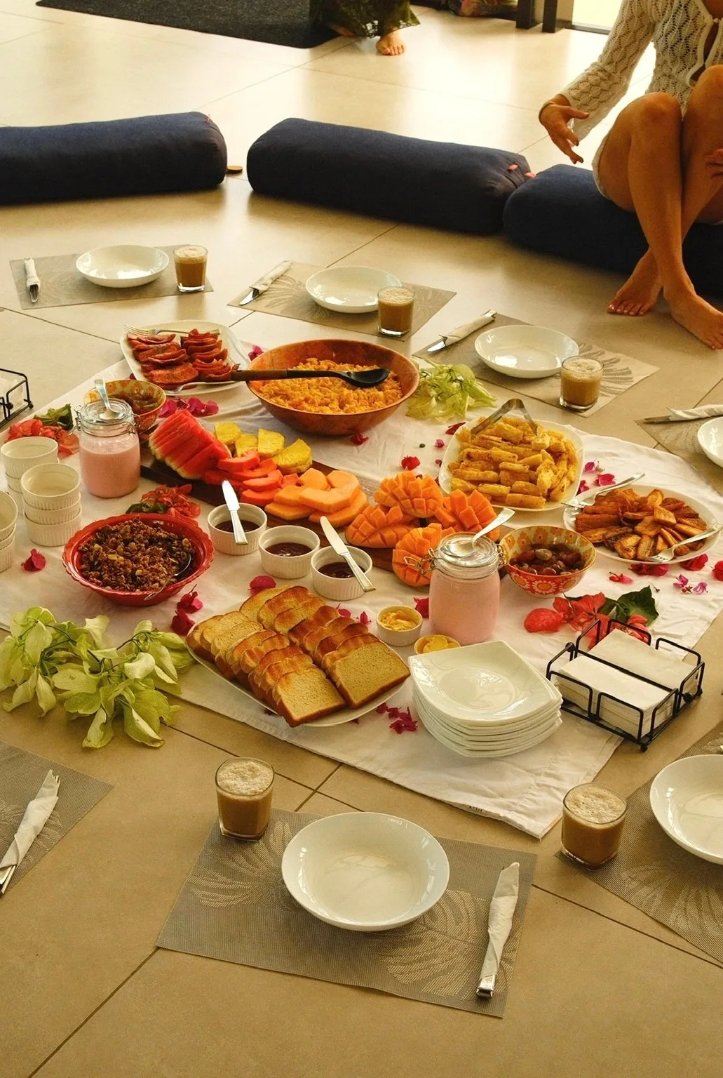 Colorful shared meal prepared for retreat guests
